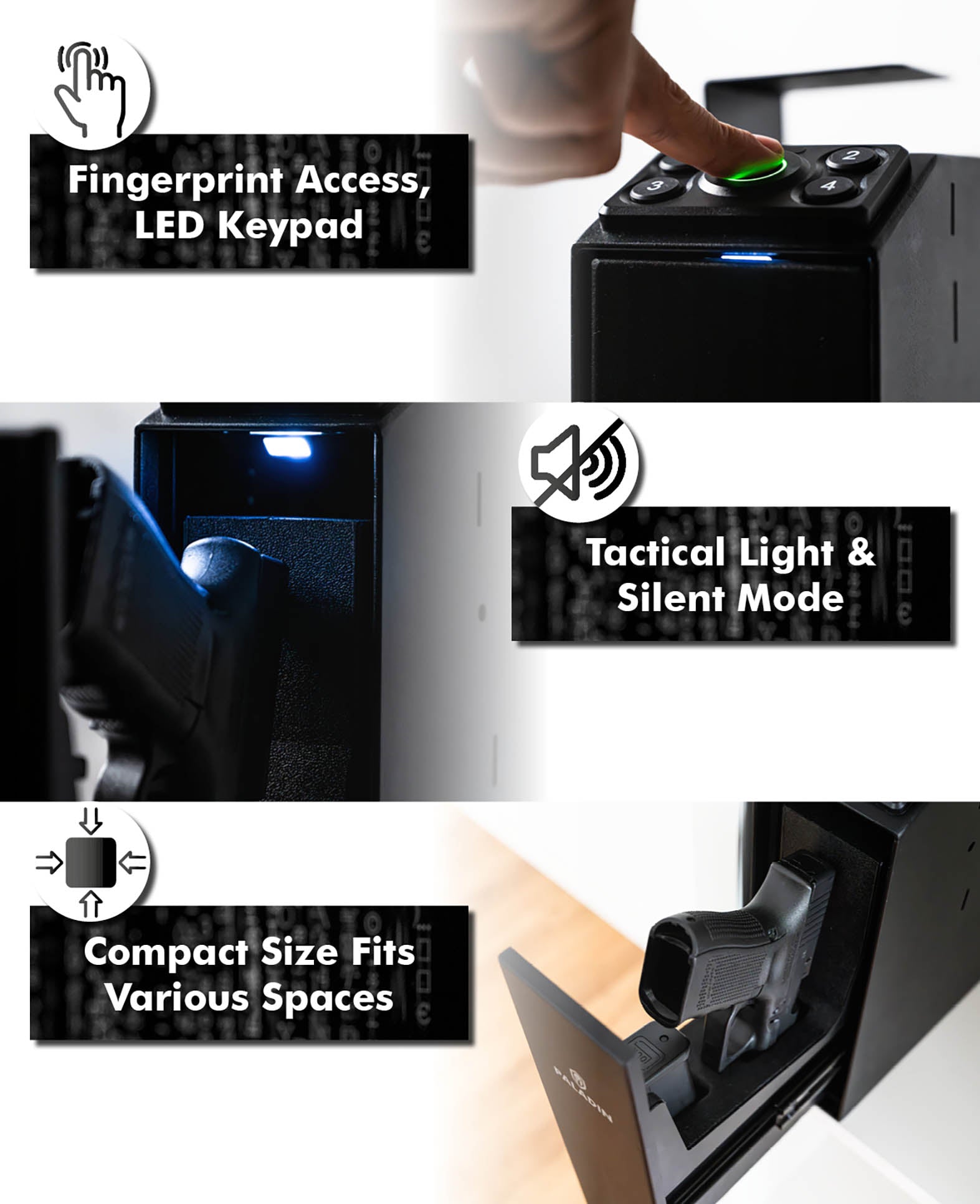 Paladin Slider Fingerprint Scanner, black, automatic, one-handed quick access, 25.6x9x30cm