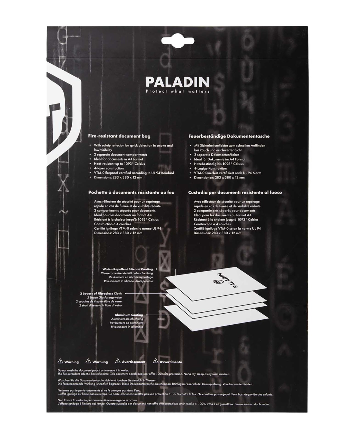 Paladin fire-resistant document bag, black, water and fire resistant with multiple protective layers, 4.25x29.7x3.7cm