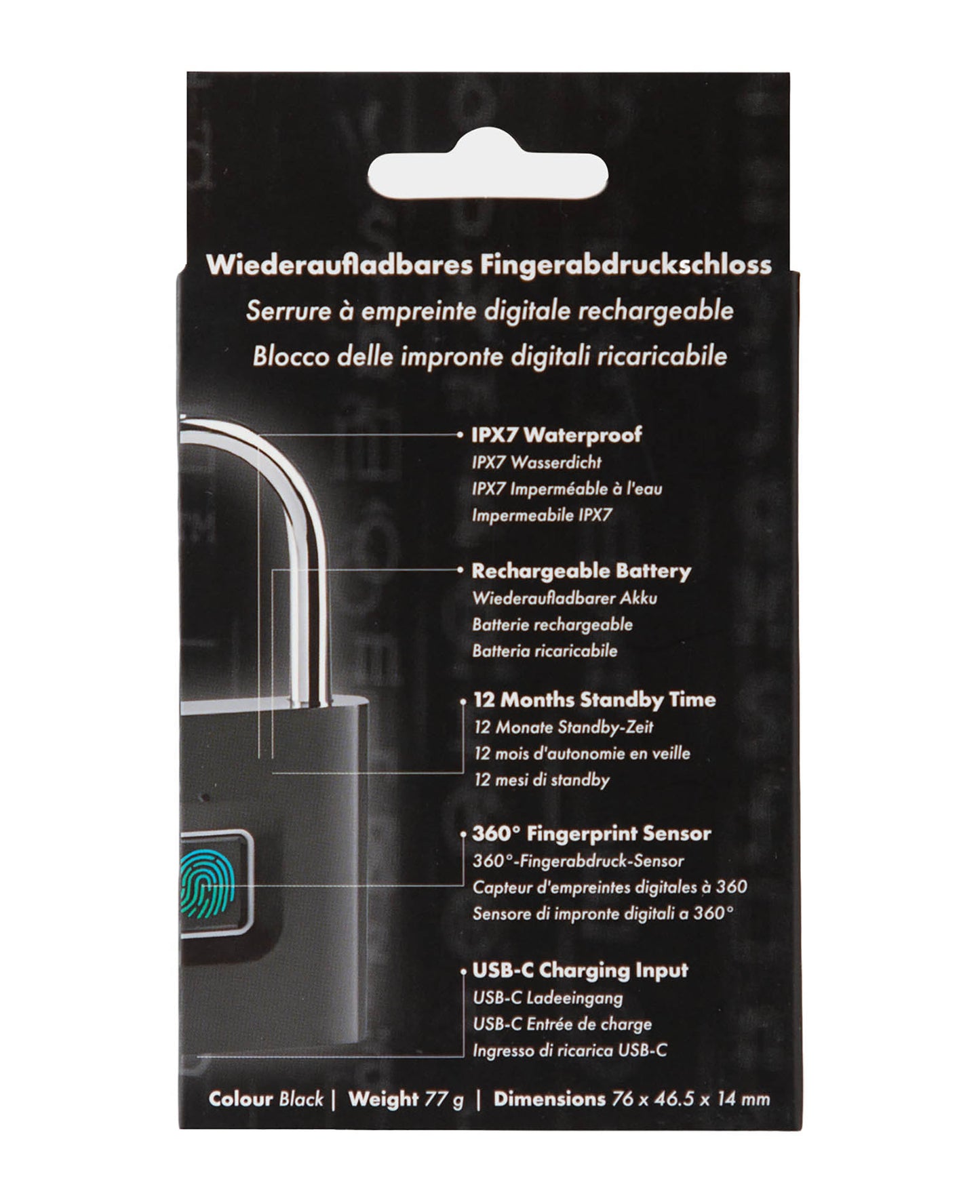 Paladin Fingerprint Lock, Biometric Fingerprint Padlock, Black, 12 Months Standby, Rechargeable, IPX7 Waterproof, 4.6x7.6cm