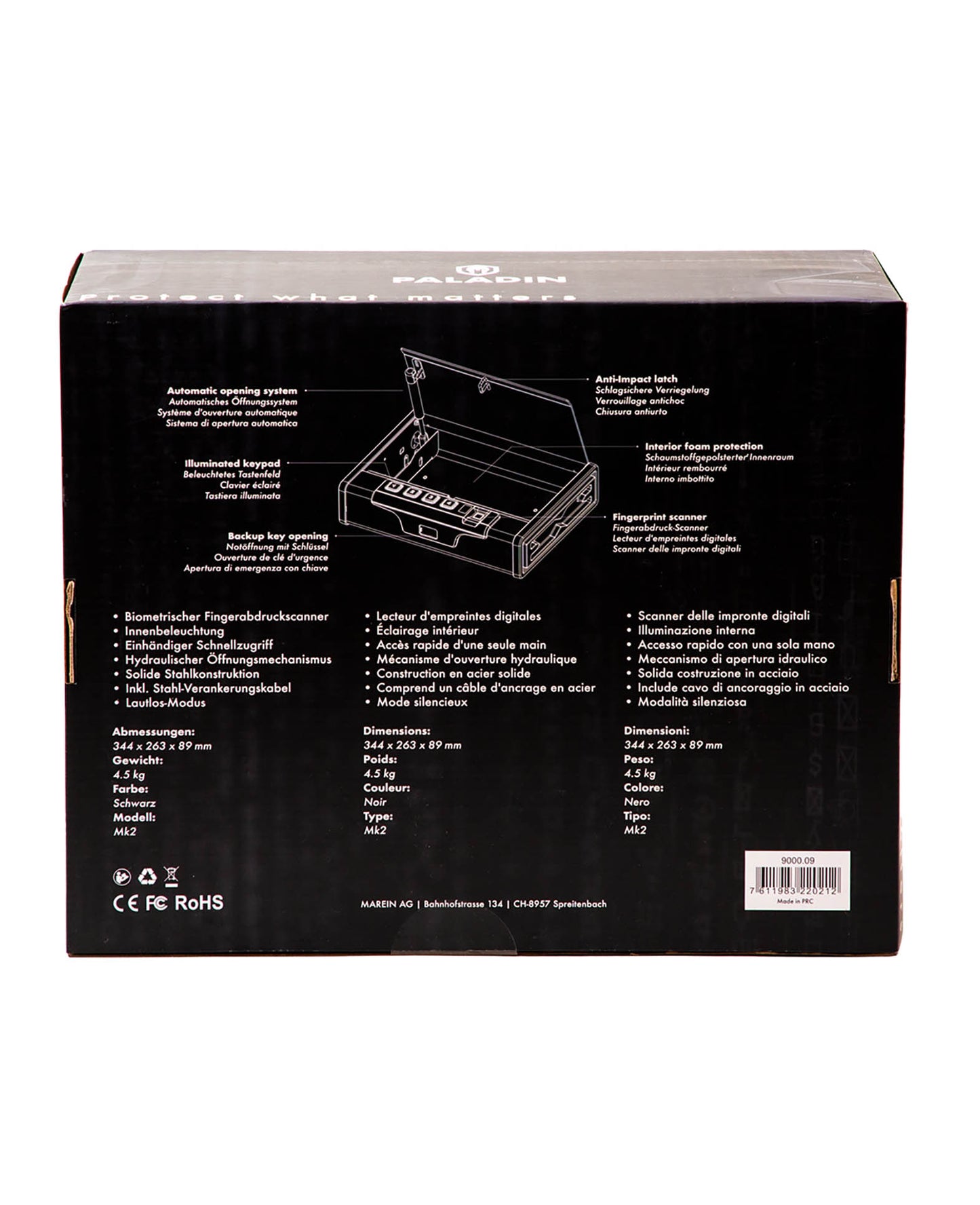 Paladin MK2 Pistolensafe – Biometrisch, Auto-Öffnung, LED, Schwarz