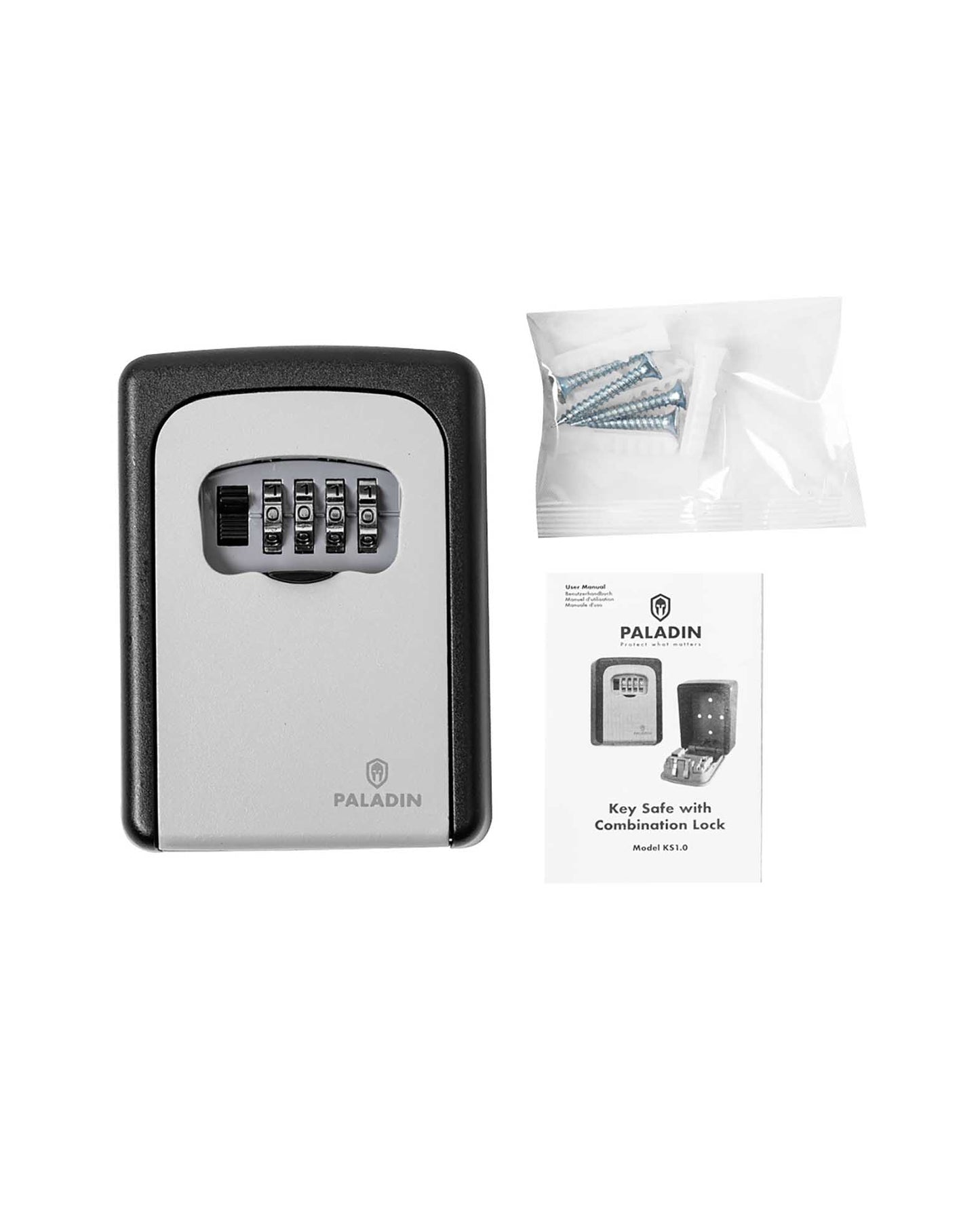 Paladin key safe, grey-black, key box with combination lock for wall mounting, made of zinc and stainless steel, space for up to 20 keys, 4x9x12cm