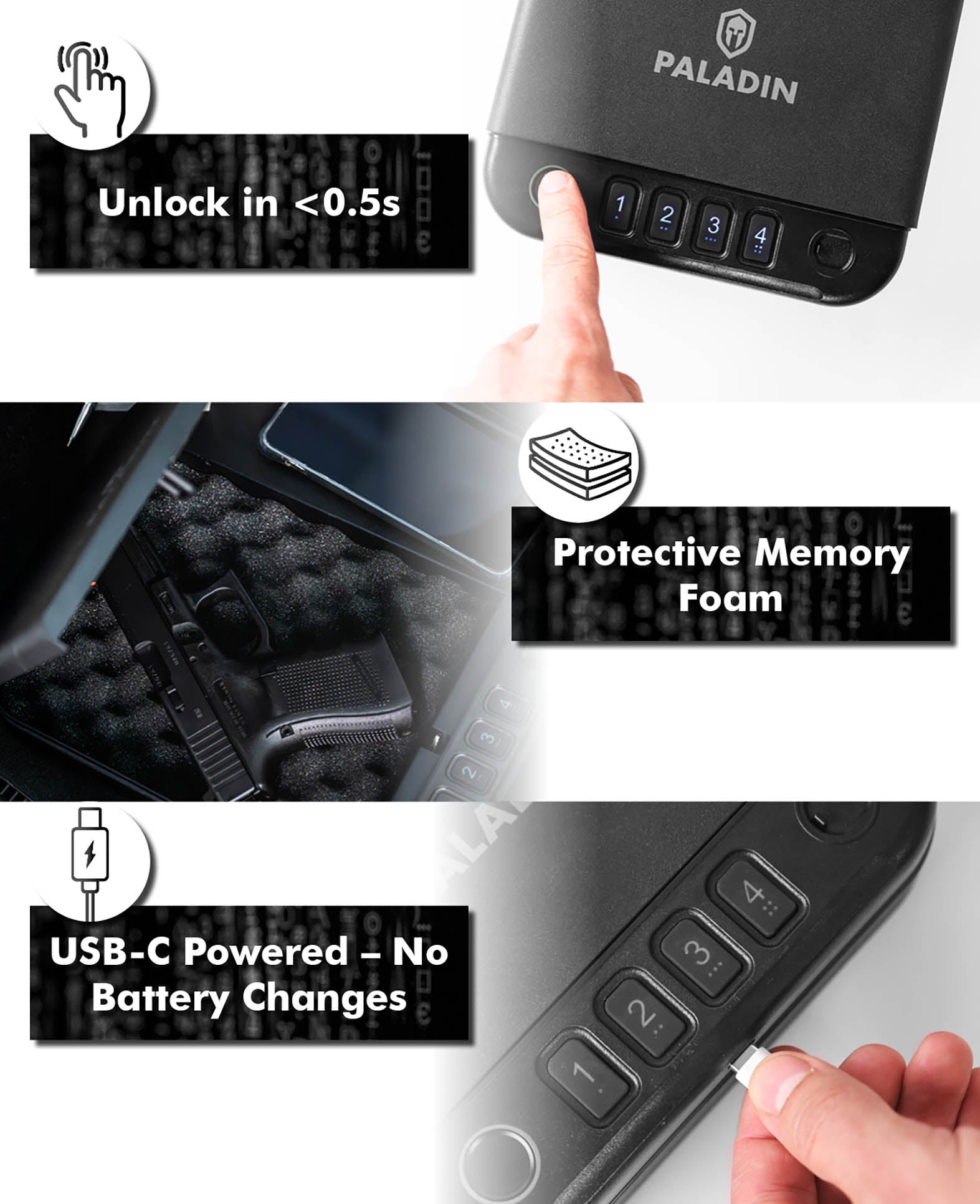 Paladin MK2 Slim Biometric Fingerprint Pistol Safe, Black, 28.4 x 18 x 5.6 cm