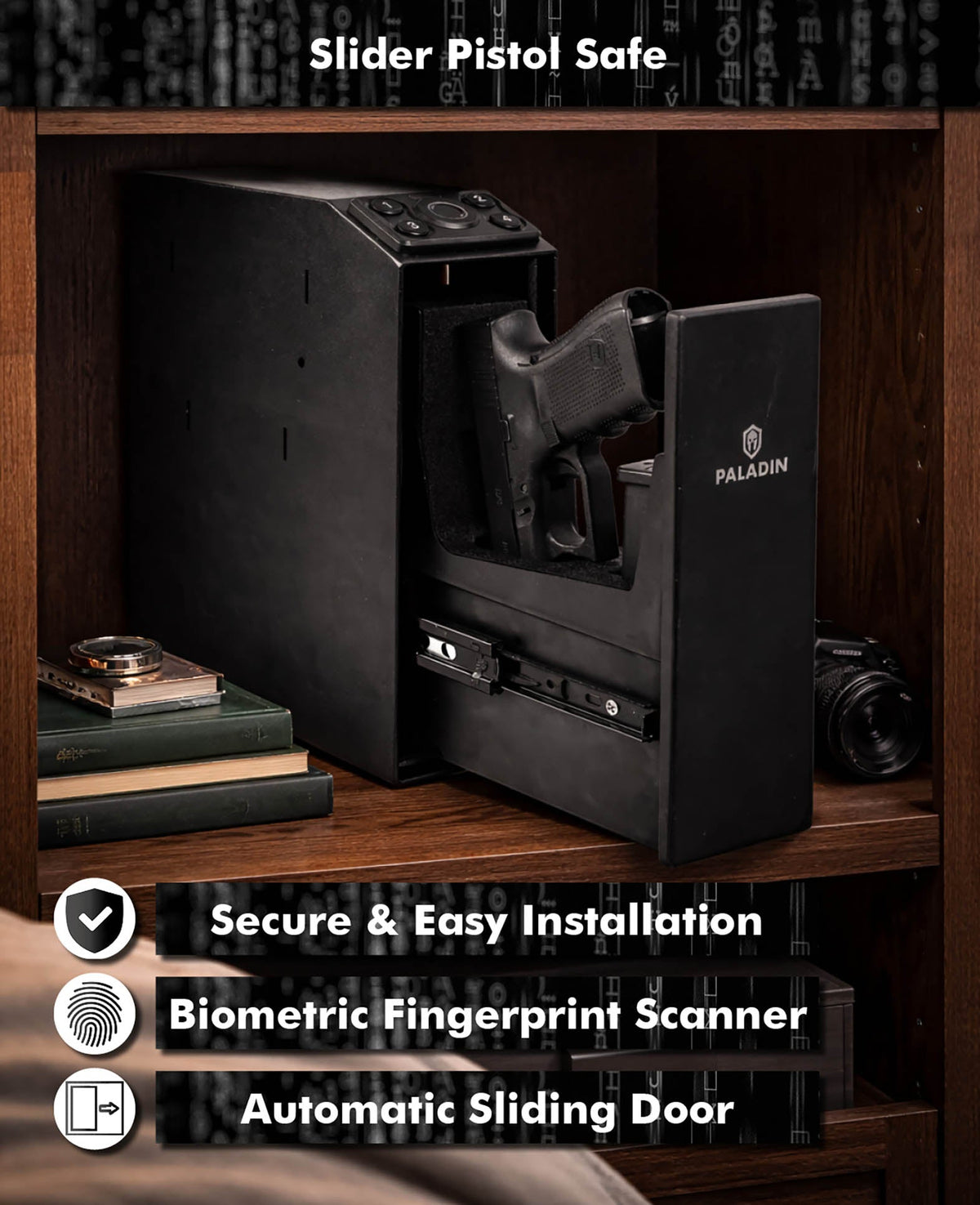Paladin Slider Fingerprint Scanner, black, automatic, one-handed quick access, 25.6x9x30cm