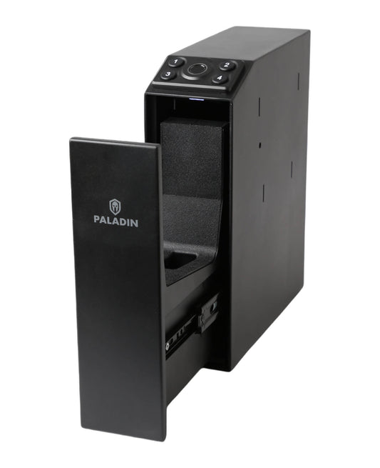 Paladin Slider automatic opening pistol safe with fingerprint scanner, black, one-handed quick access with silent mode, 25.6x9x30cm