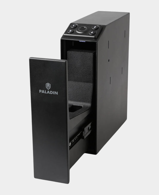 Paladin Slider automatic opening pistol safe with fingerprint scanner, black, one-handed quick access with silent mode, 25.6x9x30cm