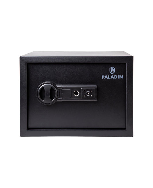 Paladin furniture safe with biometric fingerprint scanner, black, solid steel construction, silent mode and LED interior lighting, 25x35x25cm
