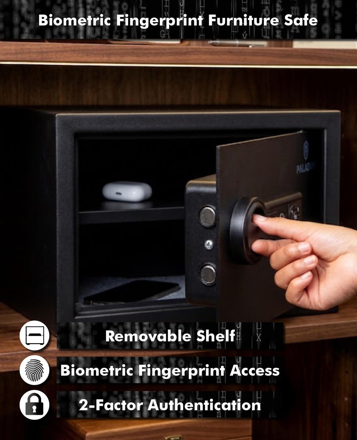 Paladin Furniture Safe with Biometric Fingerprint Scanner, Black, 25x35x25cm