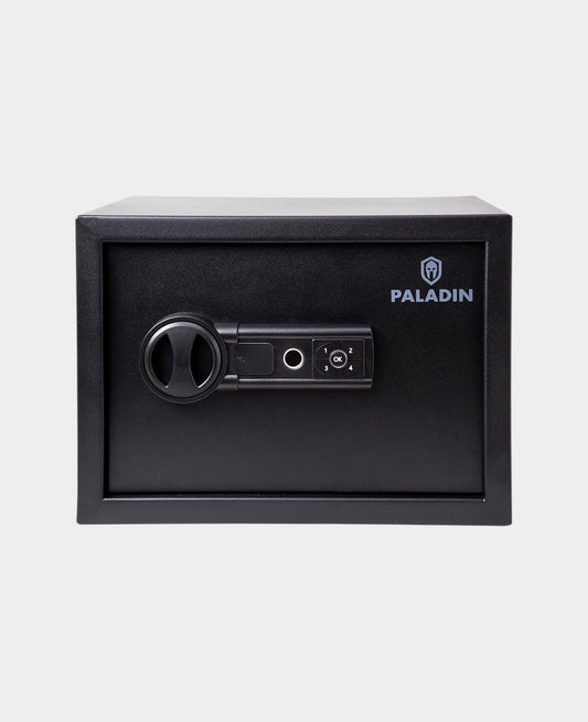 Paladin furniture safe with biometric fingerprint scanner, black, solid steel construction, silent mode and LED interior lighting, 25x35x25cm