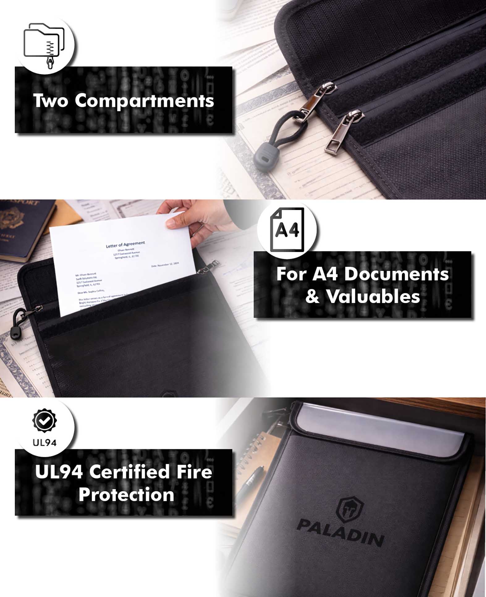 Paladin Fireproof Document Bag, Black, 4.25x29.7x3.7cm