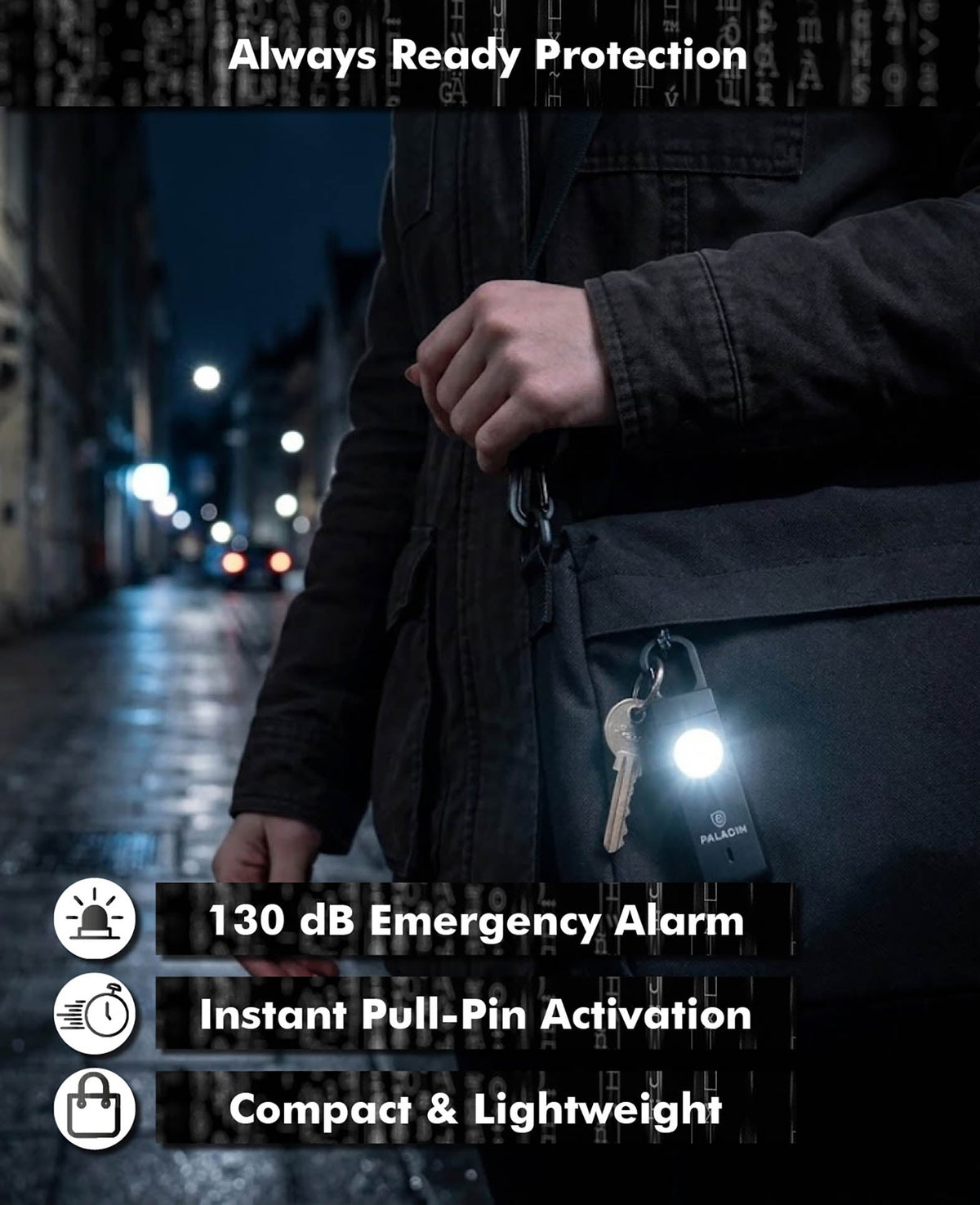 Paladin personal alarm, panic alarm with 130db alarm sound and strobe light, 9.7x6.5x2cm