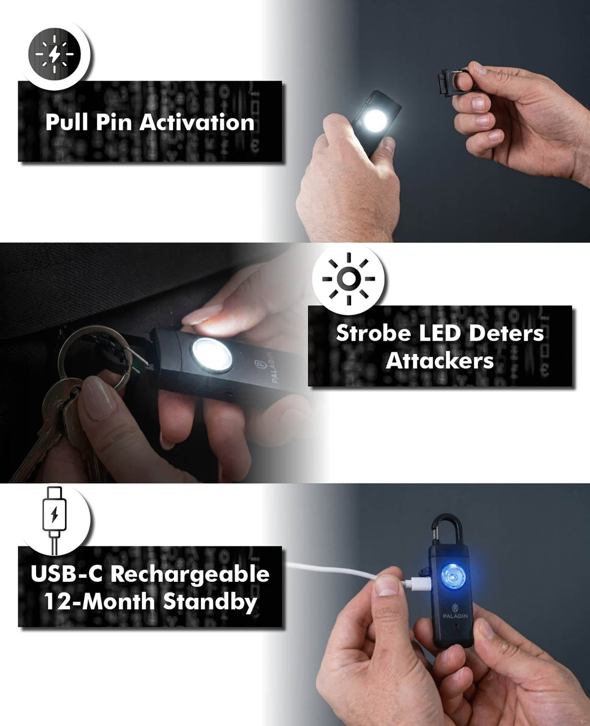 Paladin personal alarm, panic alarm with 130db alarm sound and strobe light, 9.7x6.5x2cm