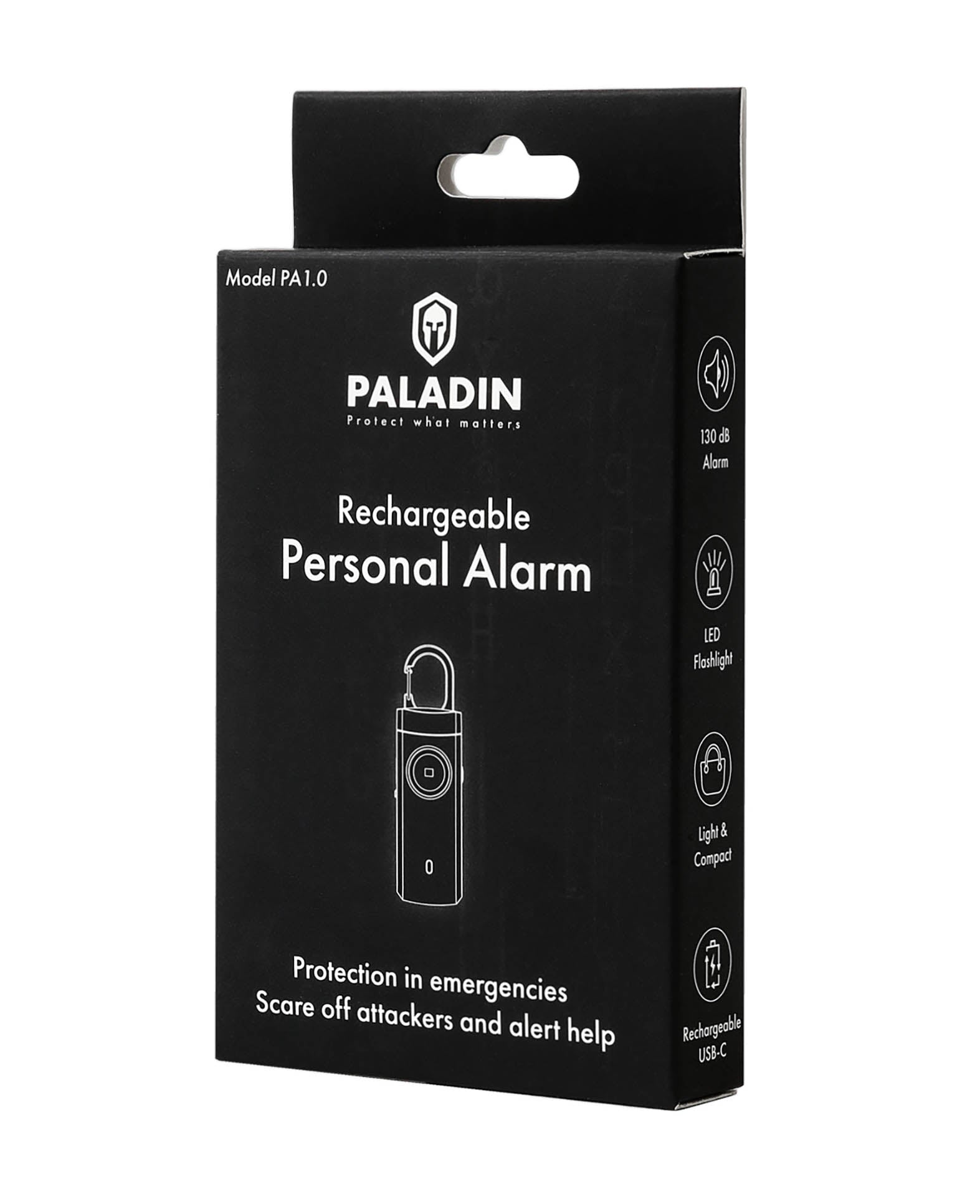 Paladin personal alarm, panic alarm with 130db alarm sound and strobe light, 9.7x6.5x2cm