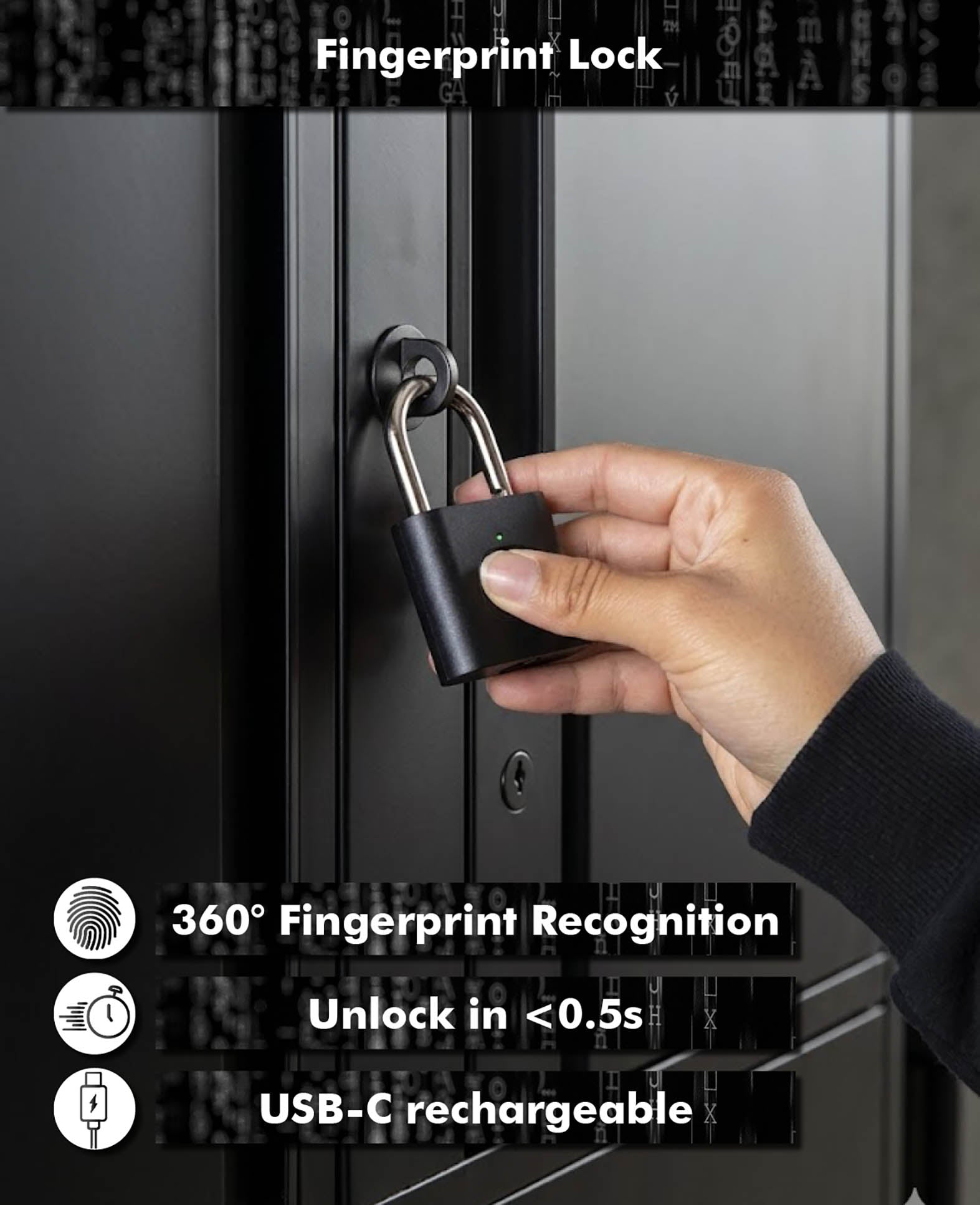 Paladin Biometric Fingerprint Padlock – Black, IPX7