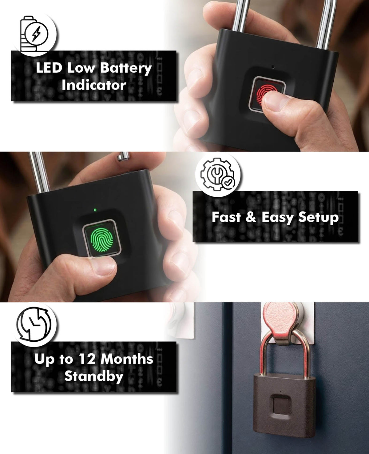 Paladin Biometric Fingerprint Padlock – Black, IPX7