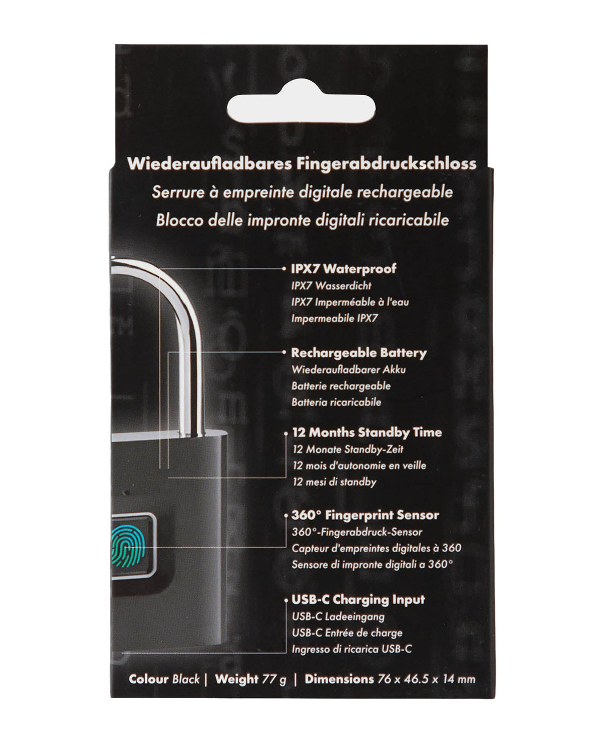 Paladin Biometric Fingerprint Padlock – Black, IPX7