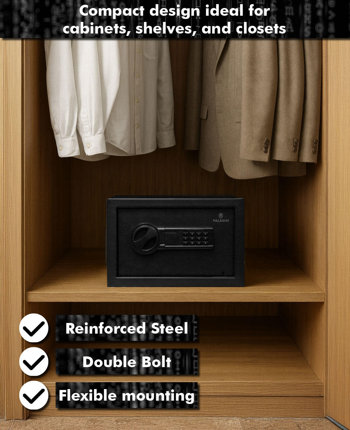 Paladin Shield Digitaler Möbeltresor,  schwarz, solide Stahlkonstruktion, beleuchtetes Tastenfeld, Lautlos Modus, 20x31x20cm