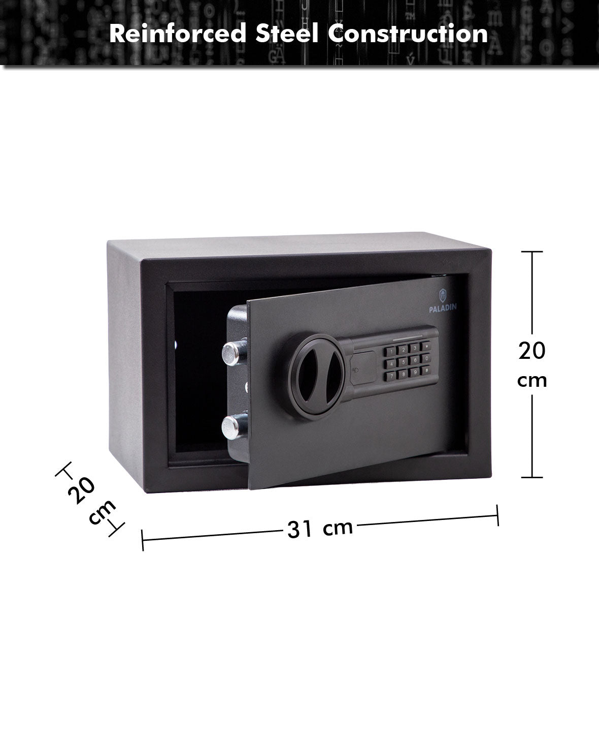 Paladin Shield Digitaler Möbeltresor,  schwarz, solide Stahlkonstruktion, beleuchtetes Tastenfeld, Lautlos Modus, 20x31x20cm