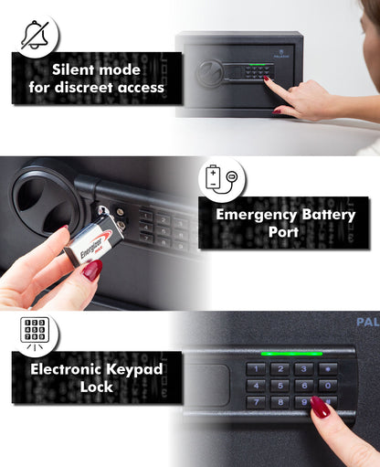 Paladin Shield Digitaler Möbeltresor,  schwarz, solide Stahlkonstruktion, beleuchtetes Tastenfeld, Lautlos Modus, 20x31x20cm