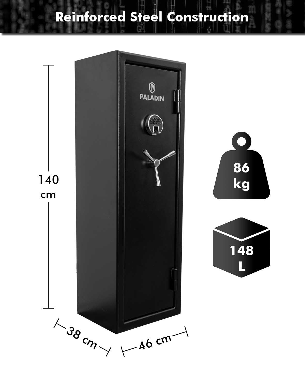 Paladin Guardian Waffenschrank,  biometrischer Fingerabdruck Langwaffen-Safe,  schwarz, modular, bis 10 Gewehre und 8 Pistolen , 38x46x140cm