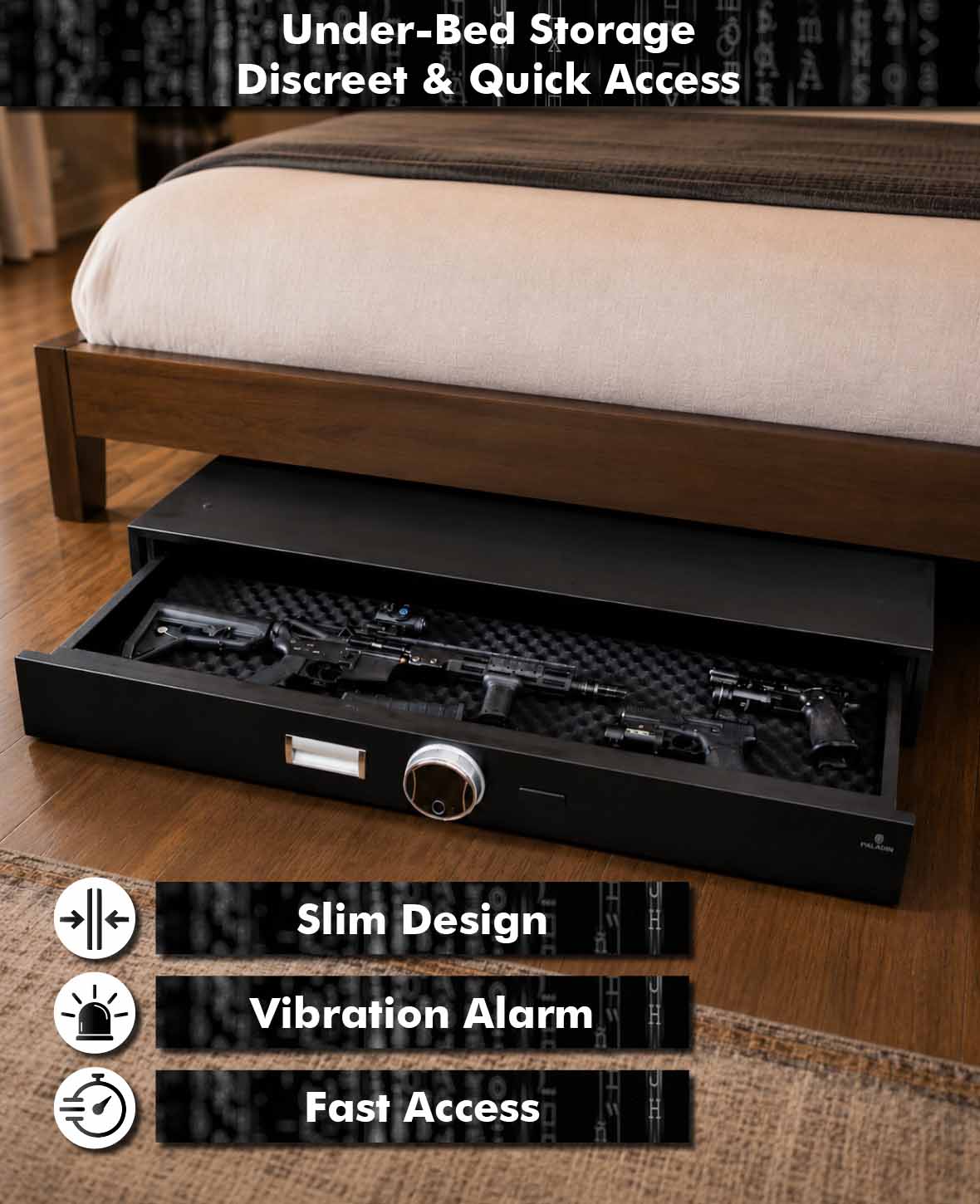 Coffre-fort Paladin sous le lit avec lecteur d'empreinte digitale, noir, 122 x 38 x 15,5 cm
