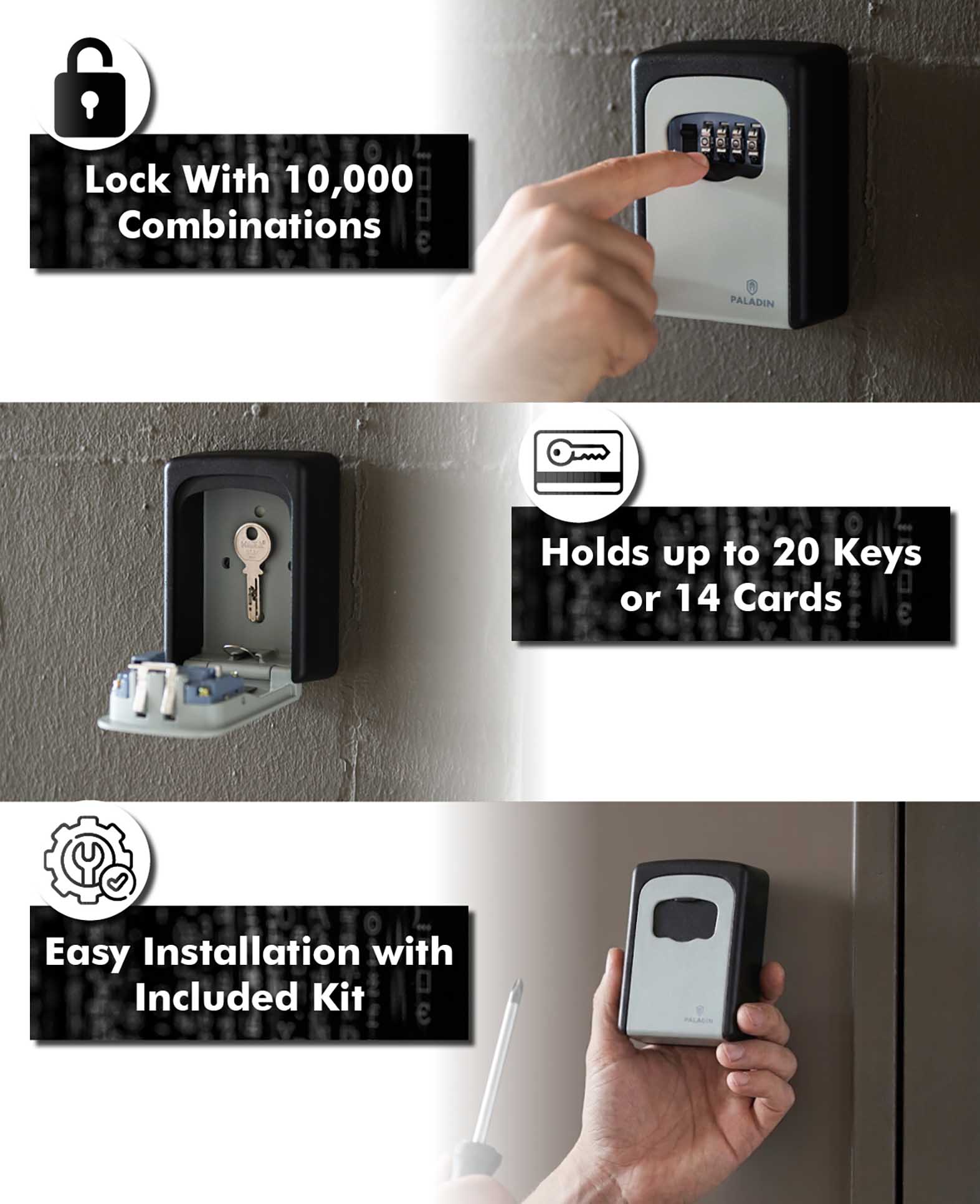 Paladin key safe, grey-black, key box with combination lock for wall mounting, 4x9x12cm